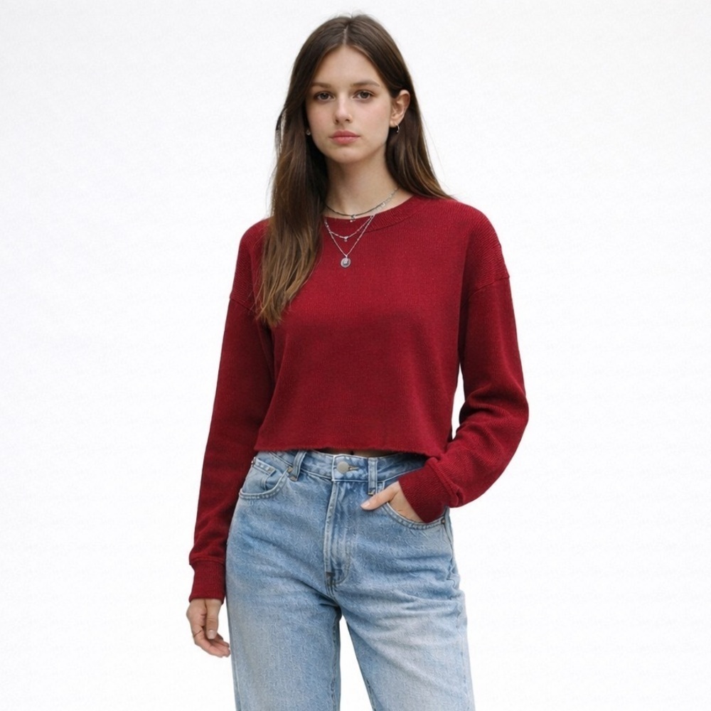 Brandy Melville burgundy red waffle knit slightly cropped thermal top.